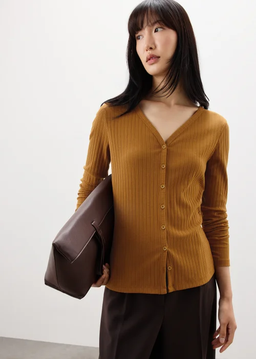 Tan Ribbed V-Neck Cardigan - 8 Image 1