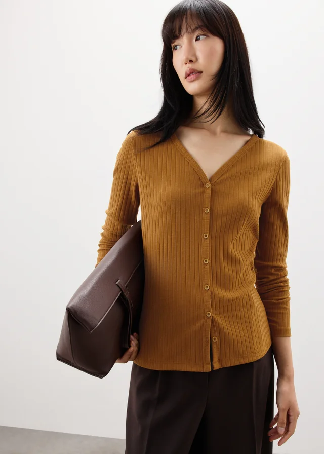 Tan Ribbed V-Neck Cardigan