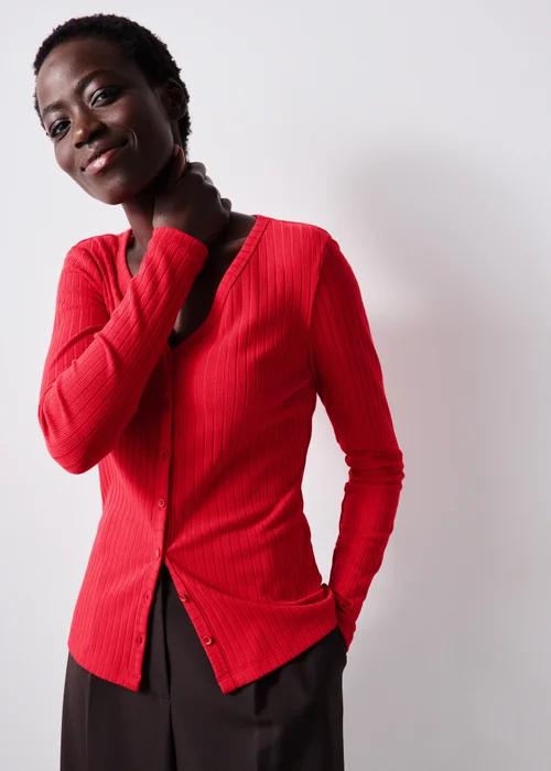 Red Ribbed V-Neck Cardigan - 8 Image 1