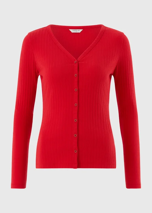 Red Ribbed V-Neck Cardigan - 8 Image 5