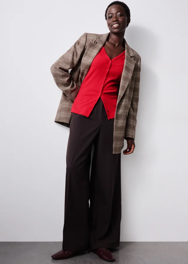 Red Ribbed V-Neck Cardigan