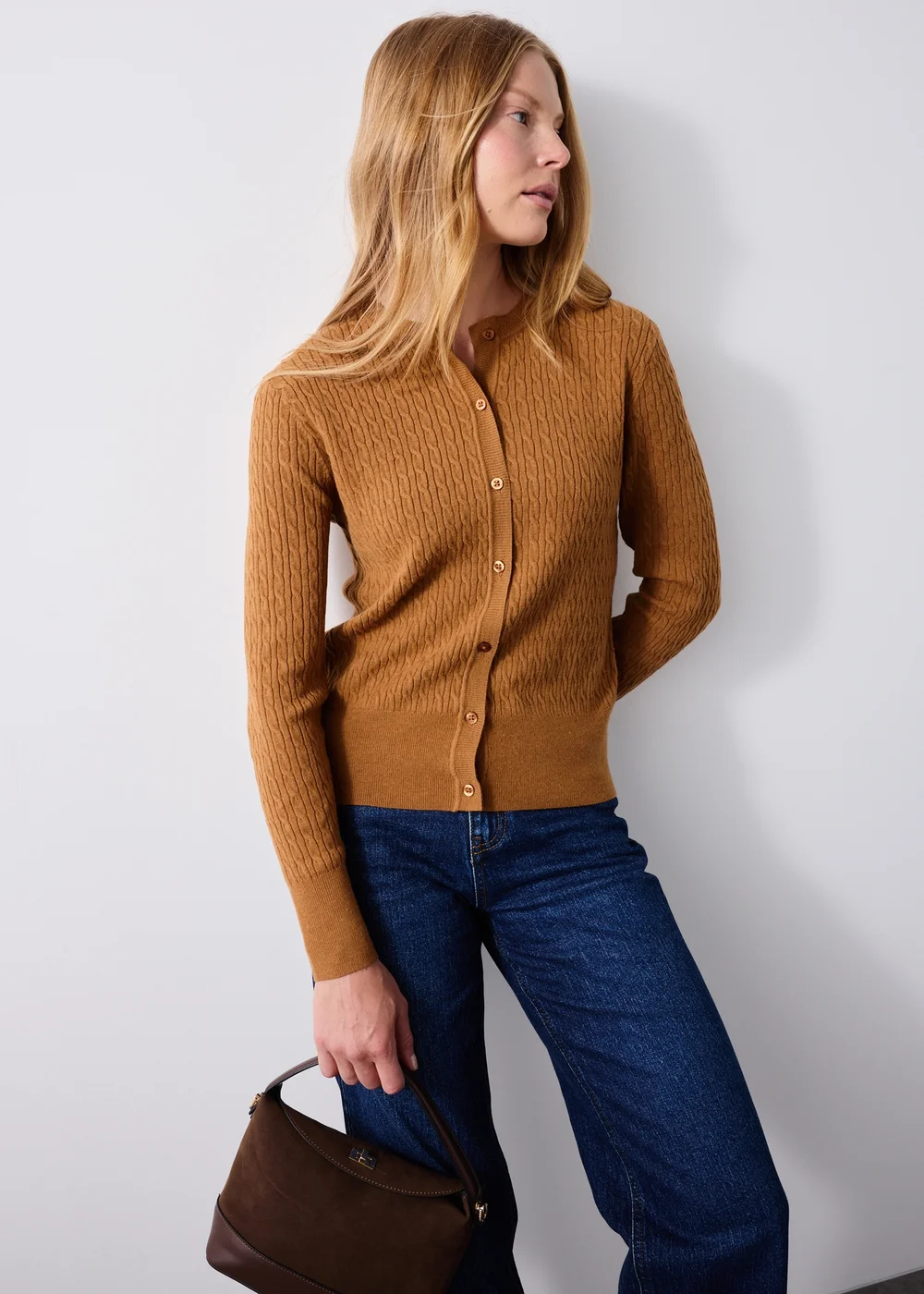 Tan Crew Neck Button Through Cardigan - 8 Image 1