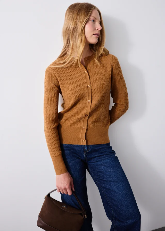 Tan Crew Neck Button Through Cardigan