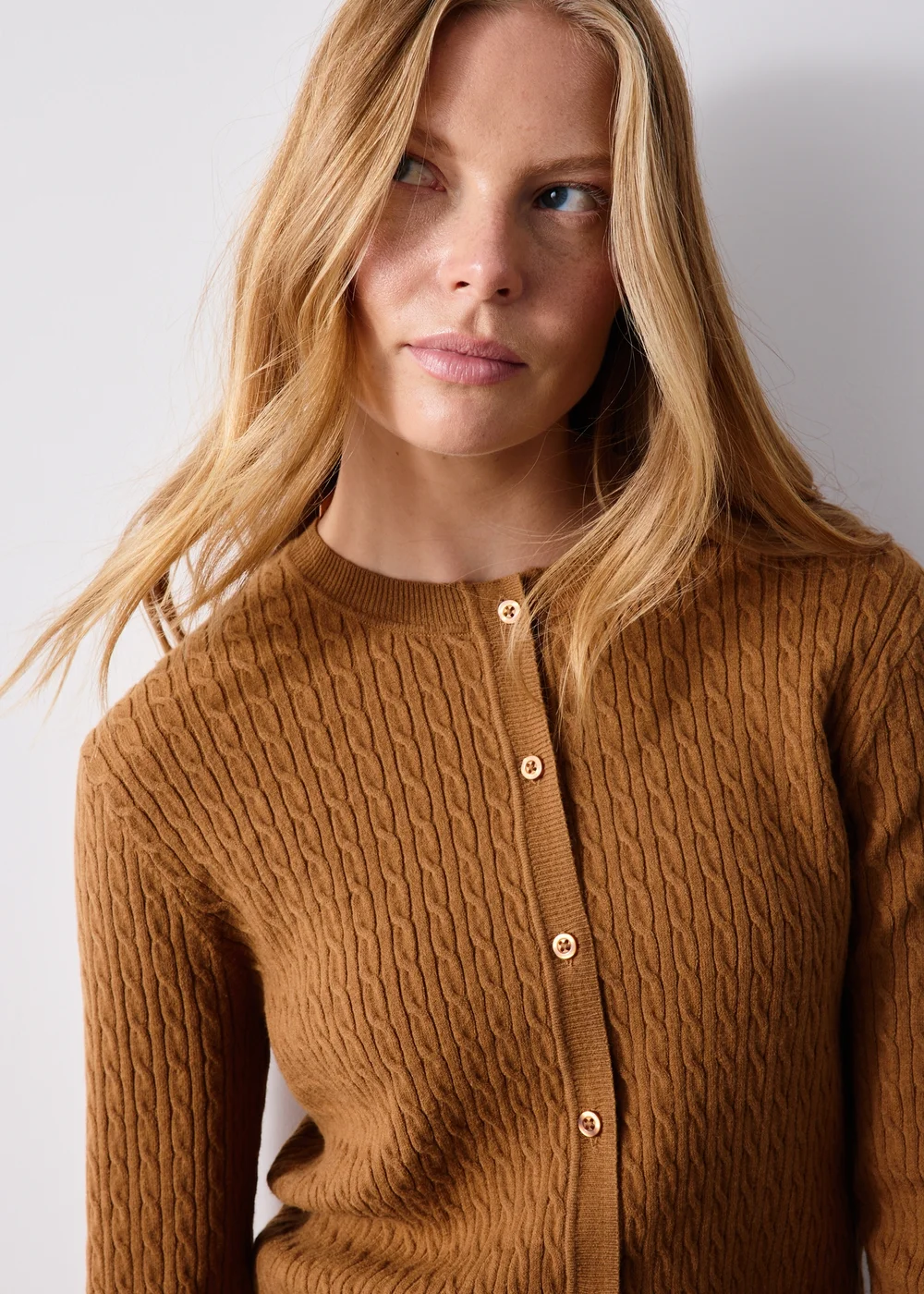 Tan Crew Neck Button Through Cardigan - 8 Image 3