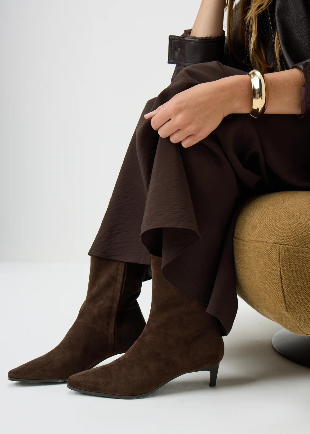 Chocolate Brown Faux Suede Peg Heel Ankle Boots - 3 Image 1