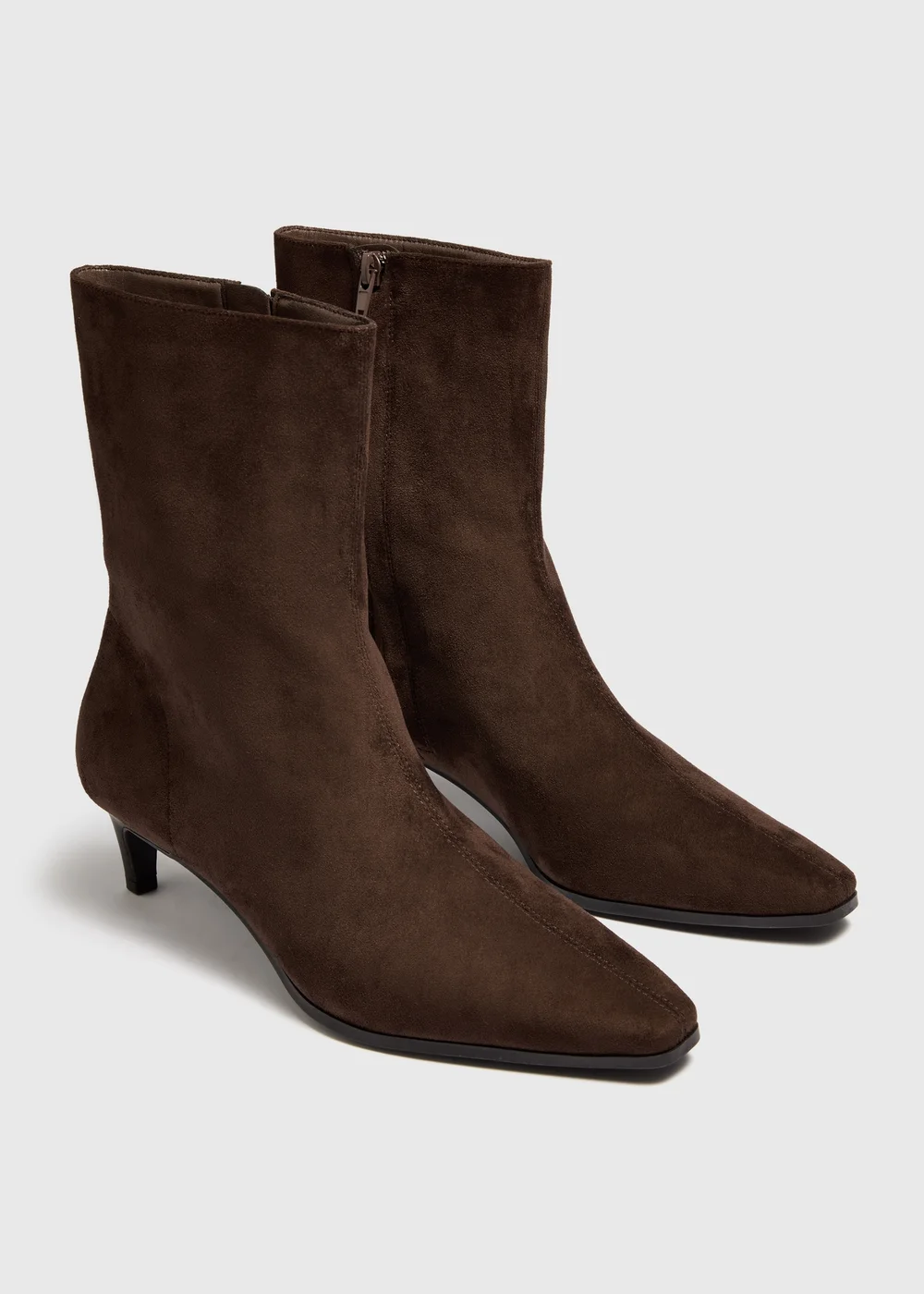 Chocolate Brown Faux Suede Peg Heel Ankle Boots - 3 Image 2