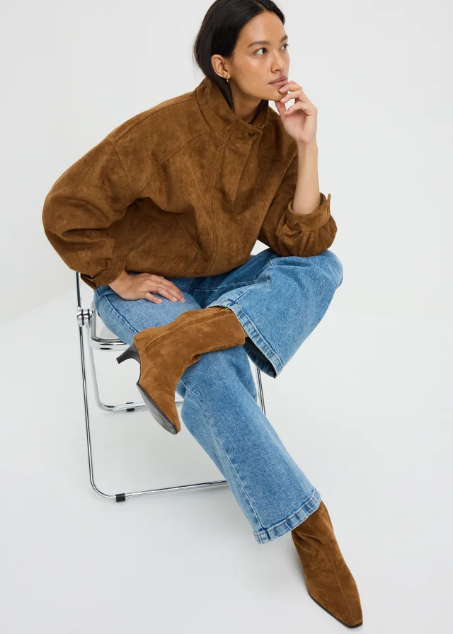 Tan Faux Suede Peg Heel Ankle Boots