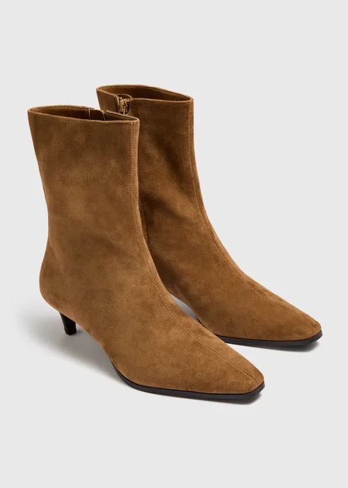 Tan Faux Suede Peg Heel Ankle Boots - 3 Image 1