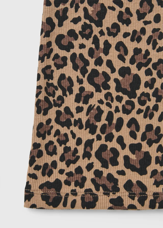 Girls Brown Leopard Print Ribbed Flared Leggings (7-15yrs)