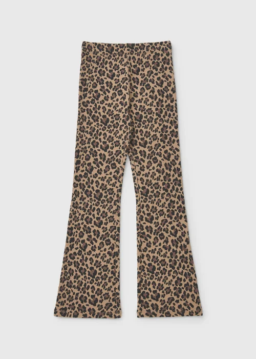 Girls Brown Leopard Print Ribbed Flared Leggings (7-15yrs) - 7 Yrs Image 1