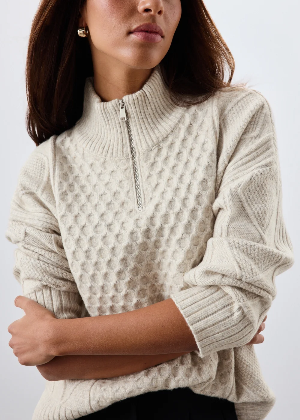 Oatmeal Quarter Zip Cable Knit Jumper - S Image 4