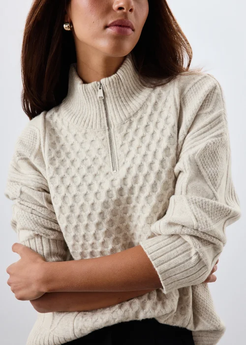 Oatmeal Quarter Zip Cable Knit Jumper - S Image 3