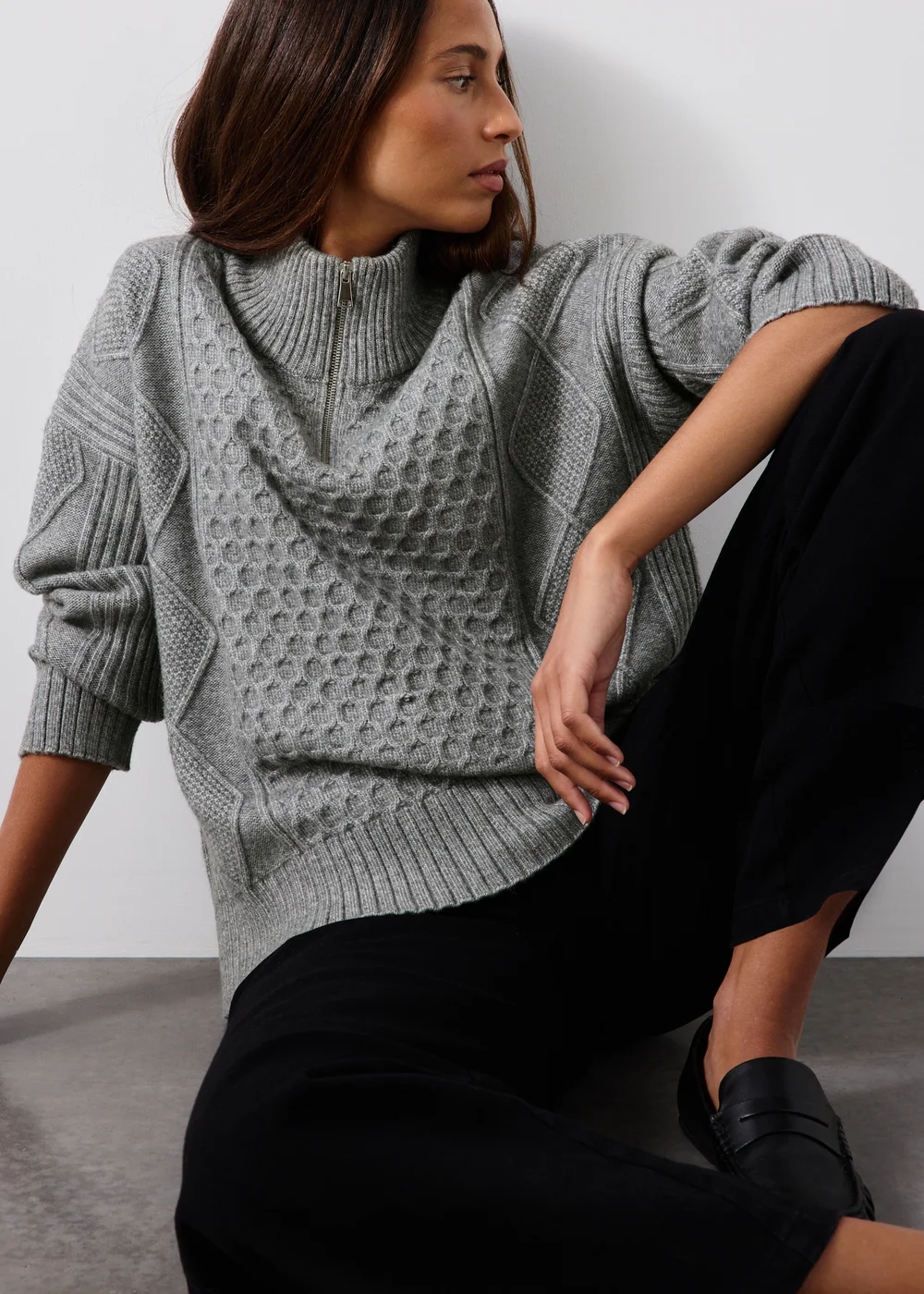 Grey Quarter Zip Textured Jumper - XS Image 1
