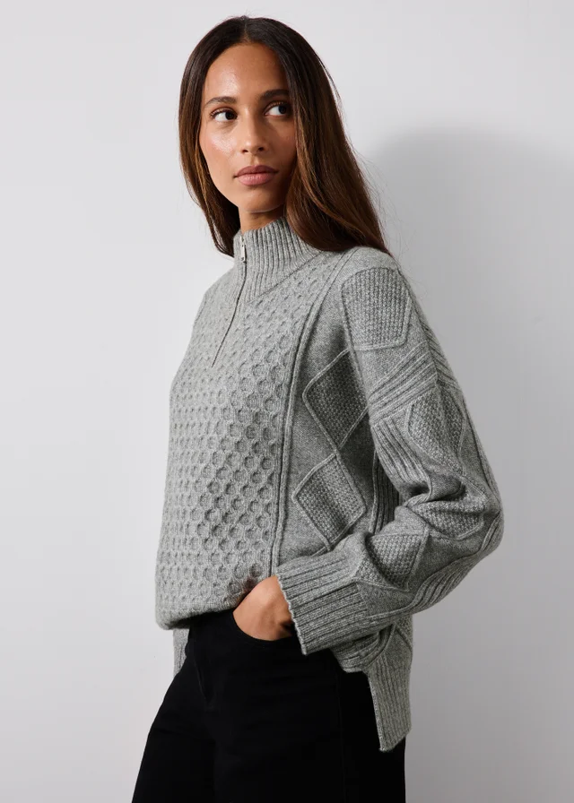 Grey Quarter Zip Textured Jumper
