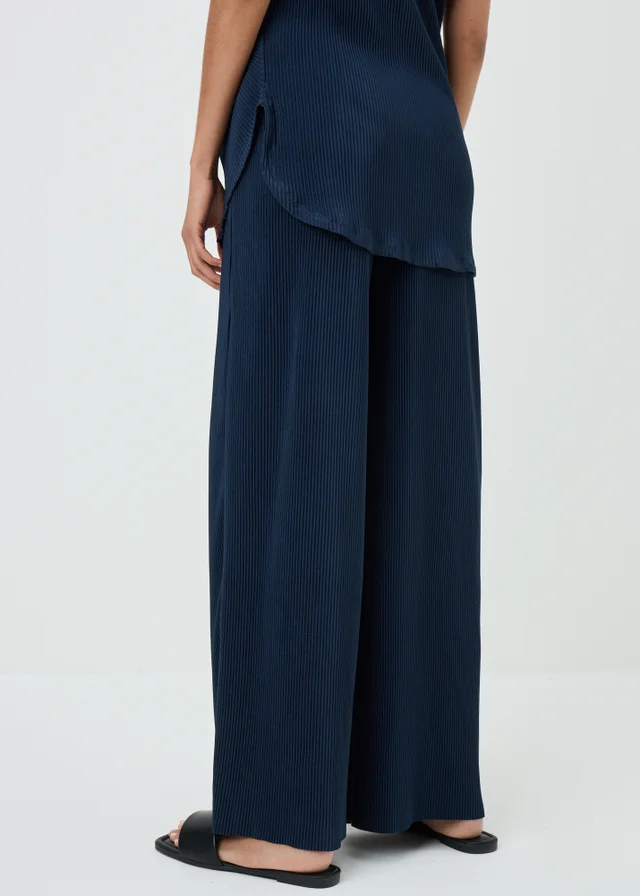 Navy Plisse Wide Leg Co Ord Trousers