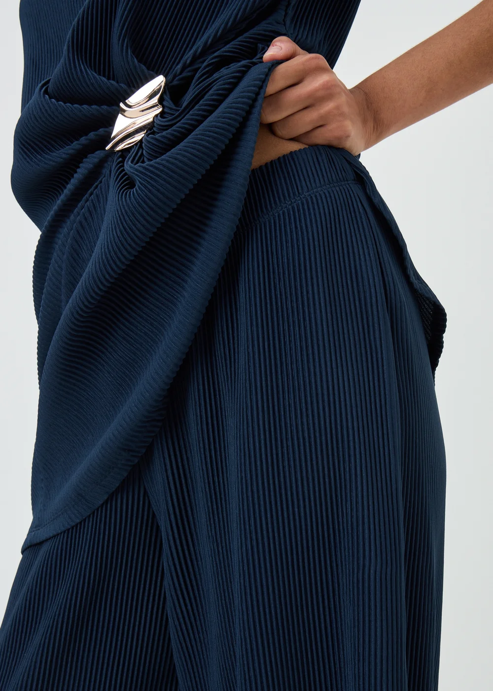 Navy Plisse Wide Leg Co Ord Trousers - 8/L29 Image 3