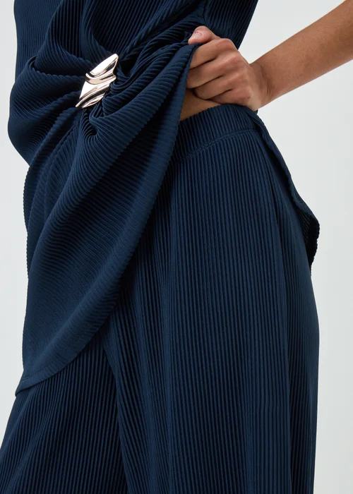 Navy Plisse Wide Leg Co Ord Trousers - 8/L29 Image 3