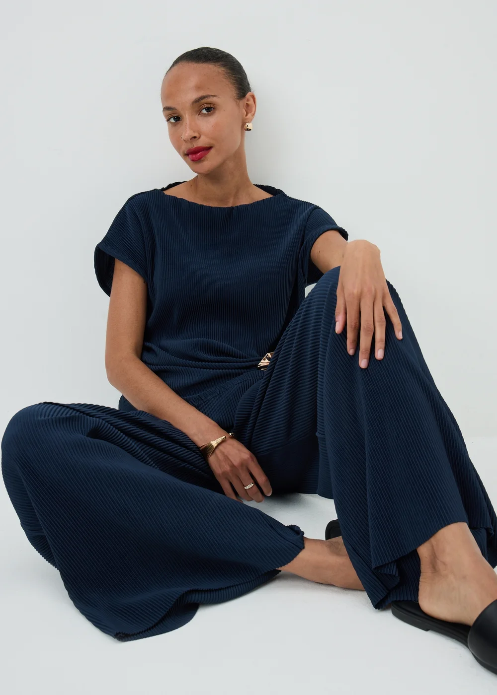 Navy Plisse Wide Leg Co Ord Trousers - 8/L29 Image 1