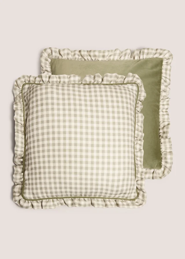 Green Gingham Frilled Cushion