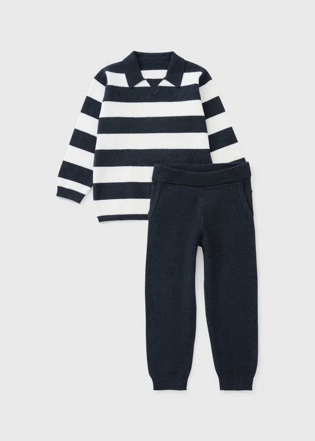 Boys Navy/Cream Stripe Knitted Crew Neck Polo & Jogger Set (1-8yrs)
