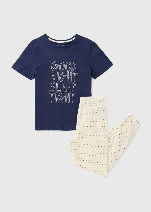 Navy Slogan Cuffed Pyjama Set