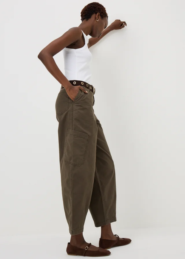Khaki Utility Barrel Leg Trousers