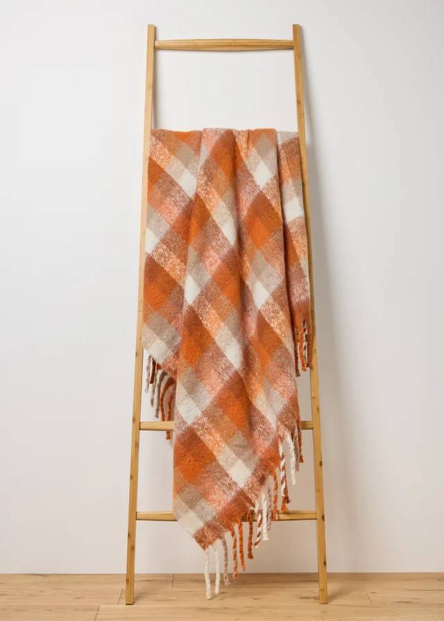 Faux Mohair Orange Check Throw