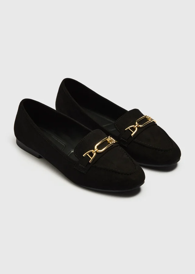 Black Faux Suede Metal Bar Loafers