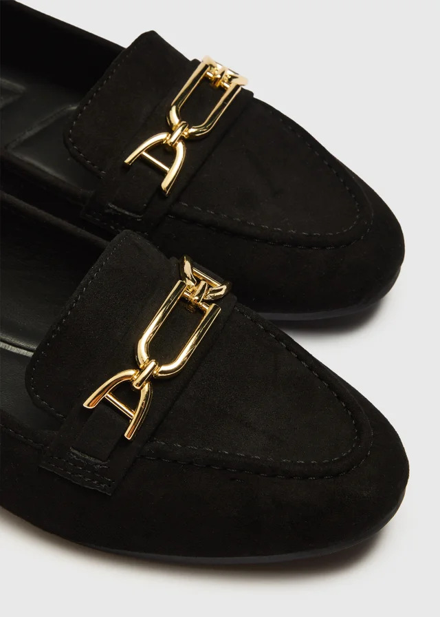 Black Faux Suede Metal Bar Loafers