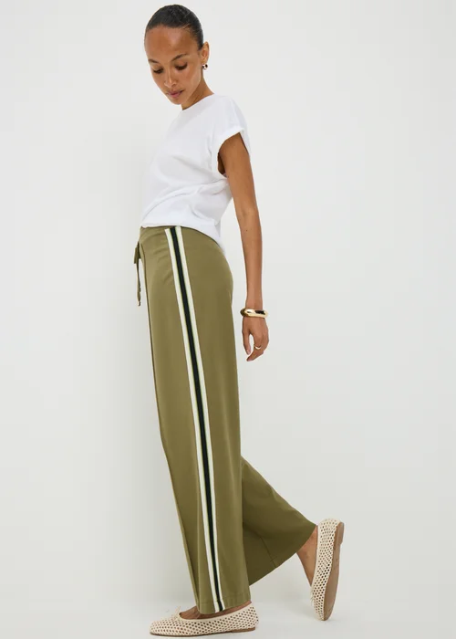 Olive Wide Leg Stripe Trousers - 8/L29 Image 1