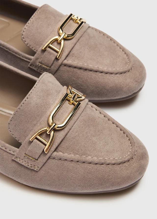 Taupe Faux Suede Metal Bar Loafers
