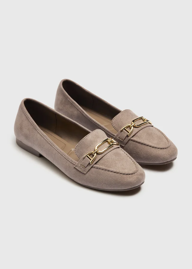 Taupe Faux Suede Metal Bar Loafers