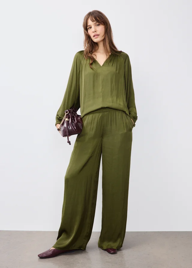 Khaki Satin Wide Leg Co Ord Trousers