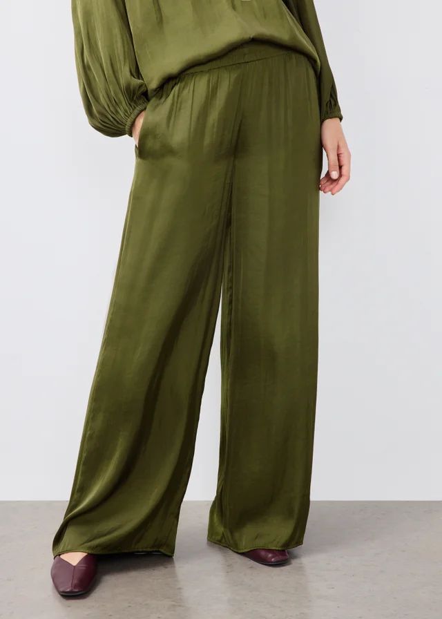 Khaki Satin Wide Leg Co Ord Trousers