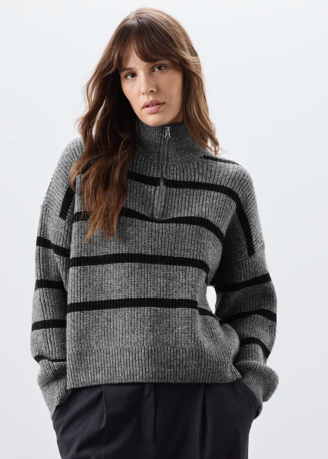 Grey Striped Quarter Zip Jumper