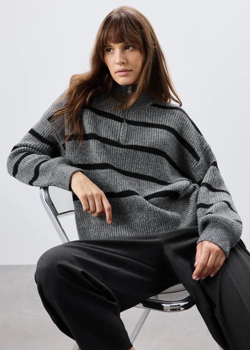 Grey Striped Quarter Zip Jumper - XS Image 1