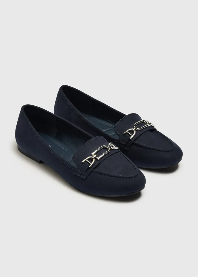 Navy Faux Suede Metal Bar Loafers