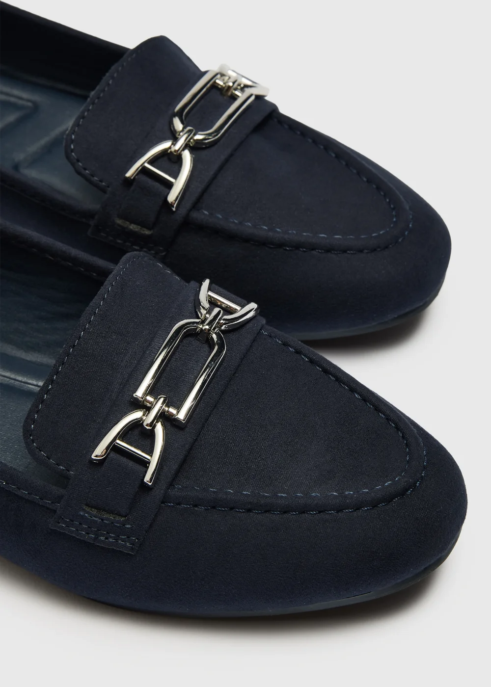 Navy Faux Suede Metal Bar Loafers - 5 Image 2