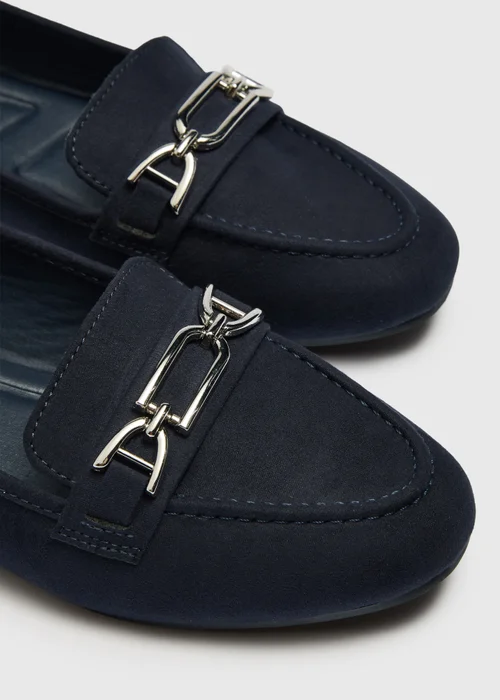 Navy Faux Suede Metal Bar Loafers - 5 Image 2