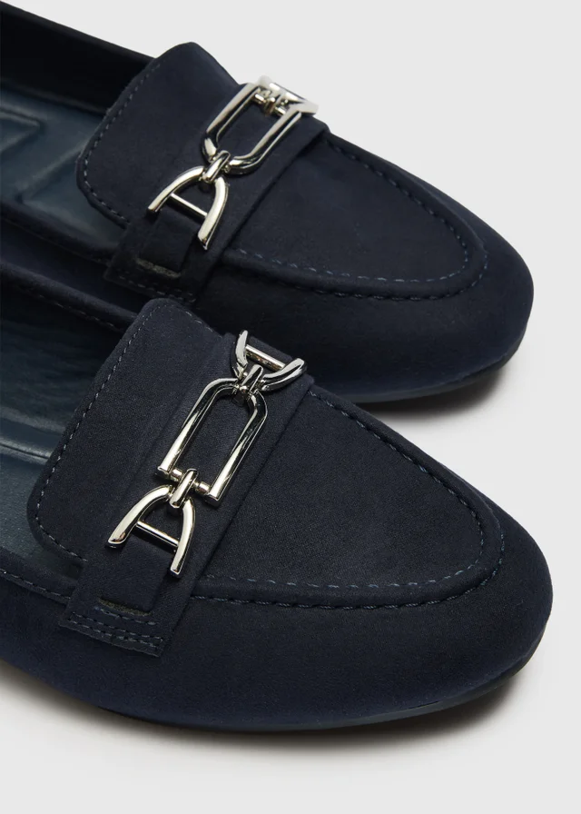 Navy Faux Suede Metal Bar Loafers