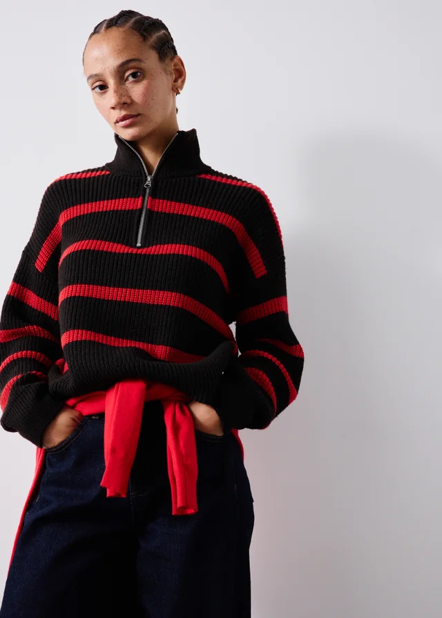 Chocolate Brown Striped Quarter Zip Jumper