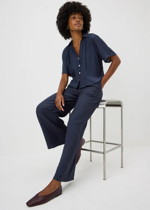 Navy Textured Wide Leg Co Ord Trousers - 8/L29 Image 1