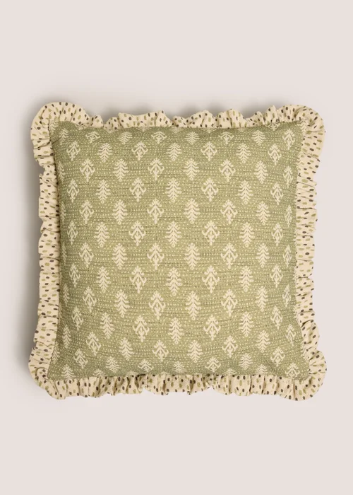 Green Jacobean Frilled Edge Cushion Image 1