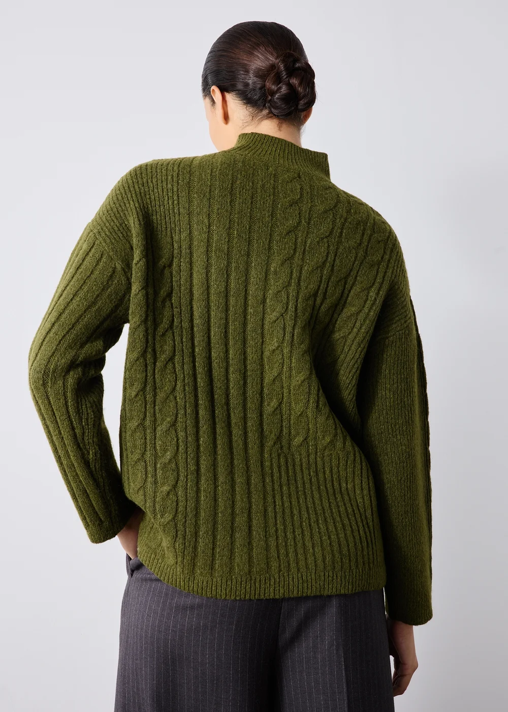 Khaki High Neck Cable Knit Jumper - S Image 2