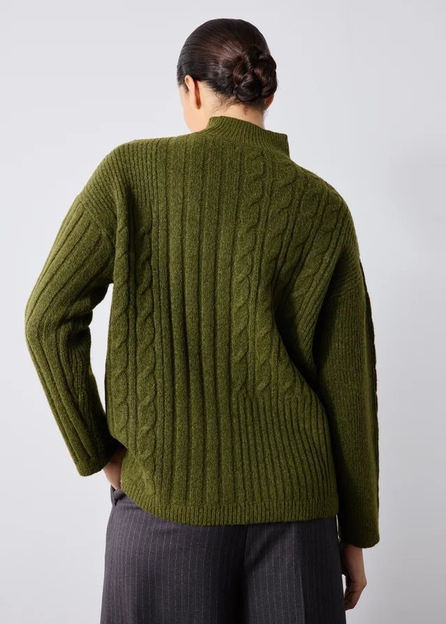 Khaki High Neck Cable Knit Jumper