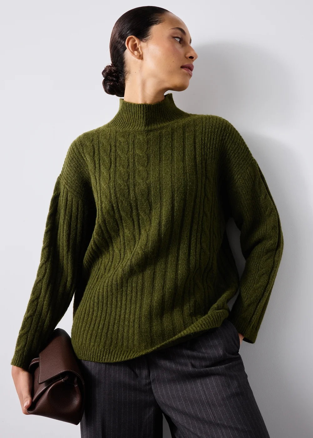 Khaki High Neck Cable Knit Jumper - S Image 1