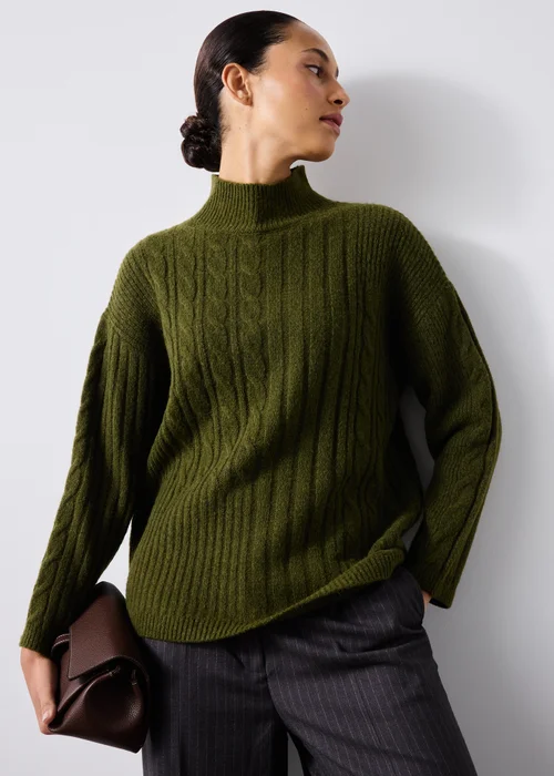 Khaki High Neck Cable Knit Jumper - S Image 1