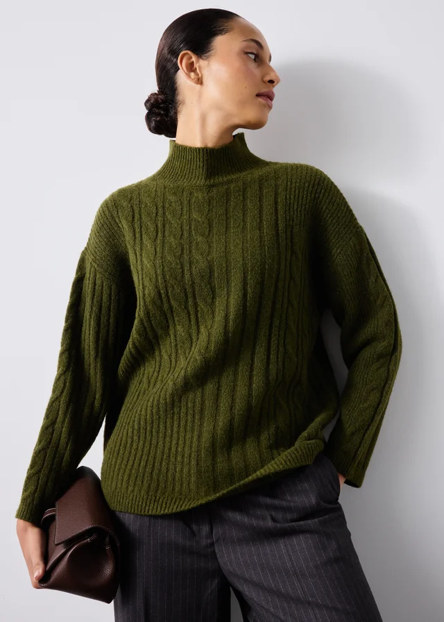 Khaki High Neck Cable Knit Jumper