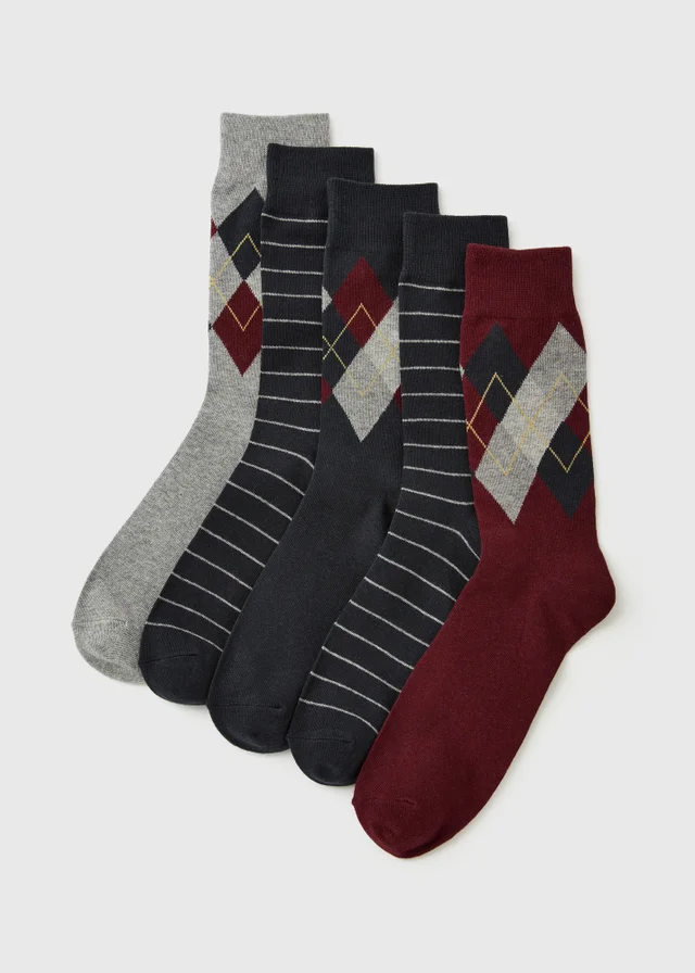 5 Pack Burgundy Argyle Pattern Ankle Socks