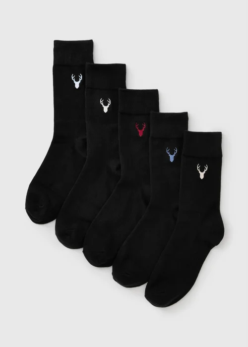 5 Pack Black Stag Embroidered Ankle Socks - 6-8.5 Image 1